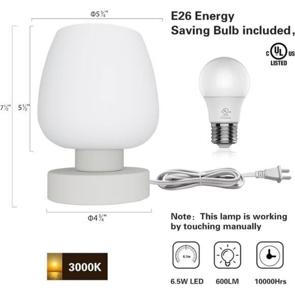 Touch bedside table lamp 3 way dimmable opal glass shade LED for bedroom decor - Picture 6 of 7